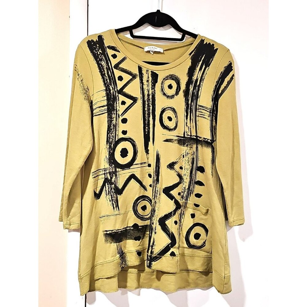 Jess & Jane USA Large Tunic Art to Wear V Neck Stretch Long Sleeve Top Artsy